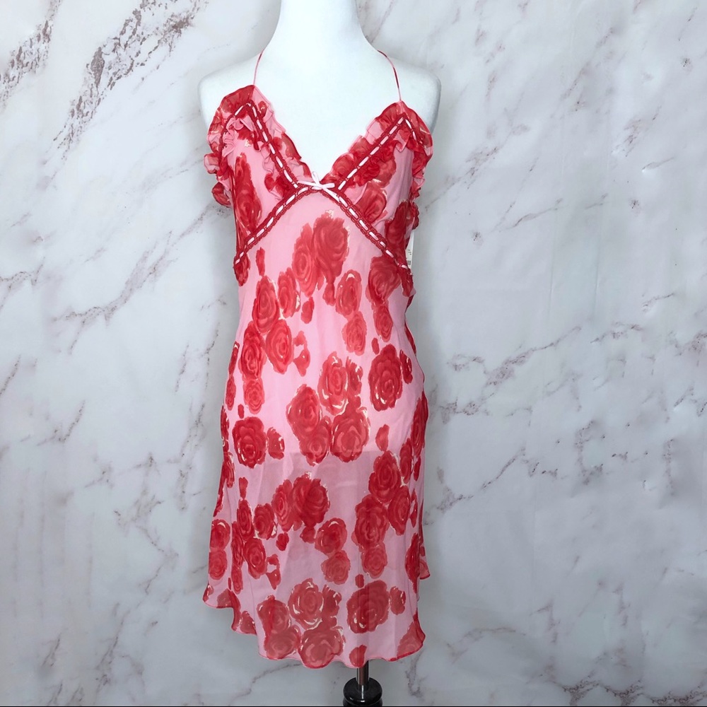 NWT Frances Smily Silk Pink and Red Roses Chemise